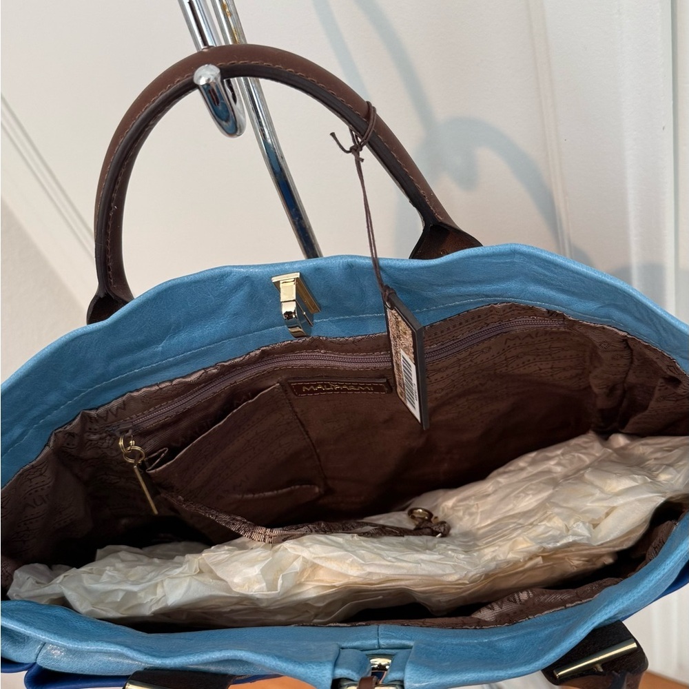 Maliparmi Blue Tone Leather Tote with Brown Handles - Picture 3 of 4